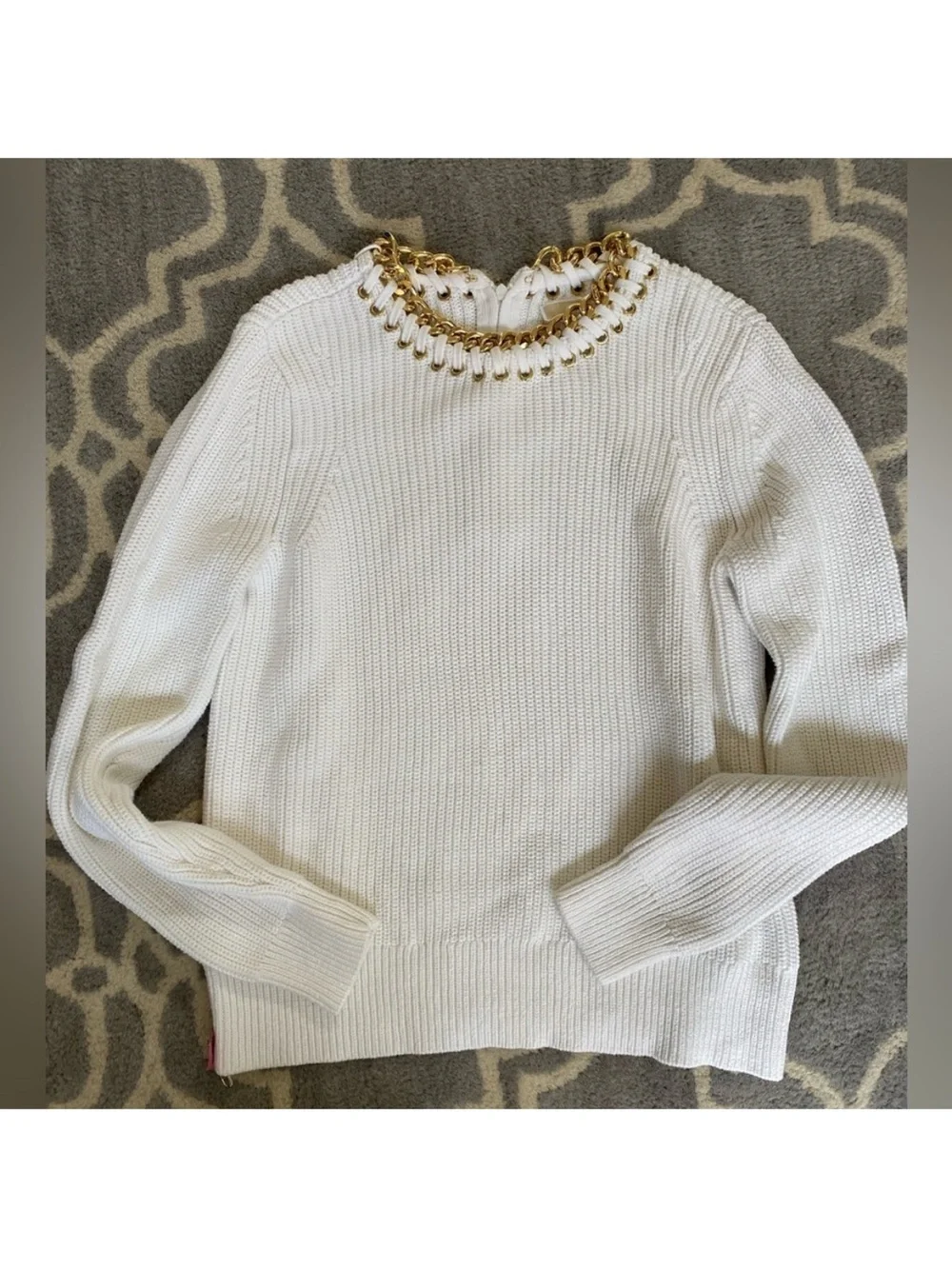 Michael Kors White Knit Top with Gold Chain Trim Size M
